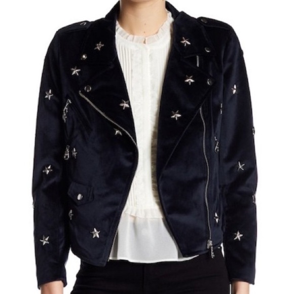 NWT Rebecca Minkoff Wes Moto Jacket Blue Velour XS Velvet Studded Stars - Picture 8 of 8